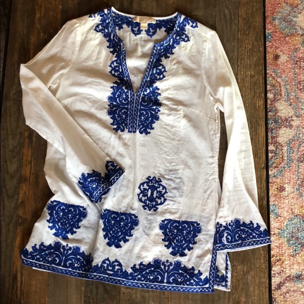 Michael Kors White Tunic with Navy Embroidery